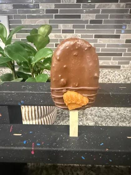 Biscoff cakesicle with cookie butter drizzle on a stand