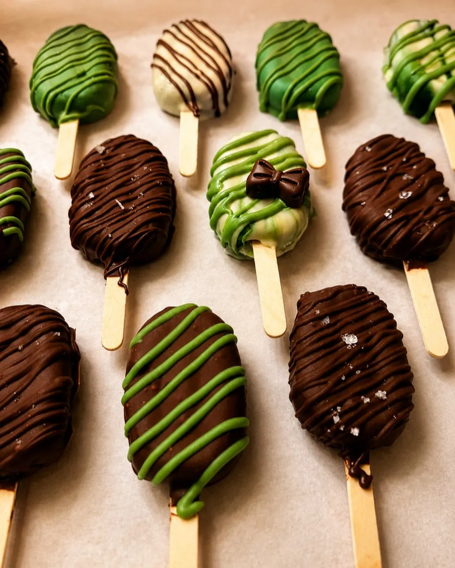 Green drizzle and chocolate cakesicles on parchment