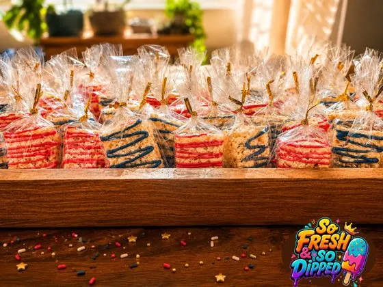Bagged 4th of July Rice Krispies treats in a wooden crate